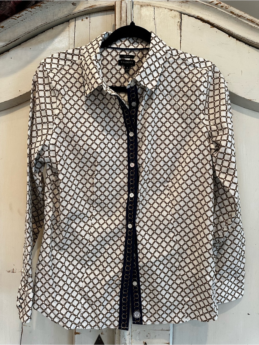 Talbots White & Brown Geometric Button-Down Shirt